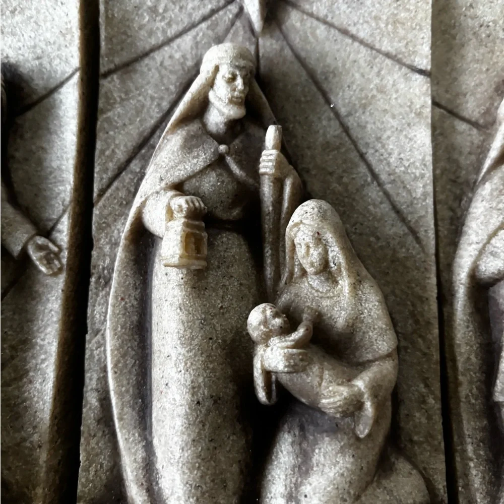 Heavy Stone Look Beige Nativity Scene •‎ Rustic Holiday Décor Set Three Piece